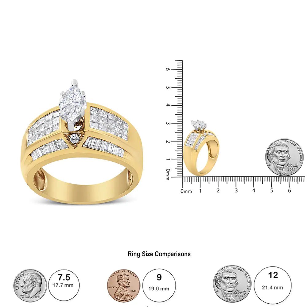 14K Yellow and White Gold 1 3/4 Cttw Round, Baguette, Princess and Pie - Cut Diamond Ring (H - I Color, SI1 - SI2 Clarity) - Jaazi Intl