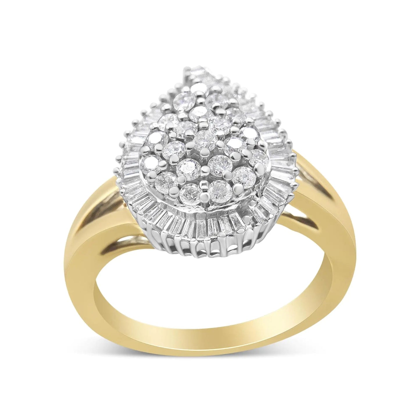 14K Yellow and White Gold 1.00 Cttw Round and Baguette - Cut Diamond Ballerina Cocktail Ring (H - I Color, SI2 - I1 Clarity) - Jaazi Intl