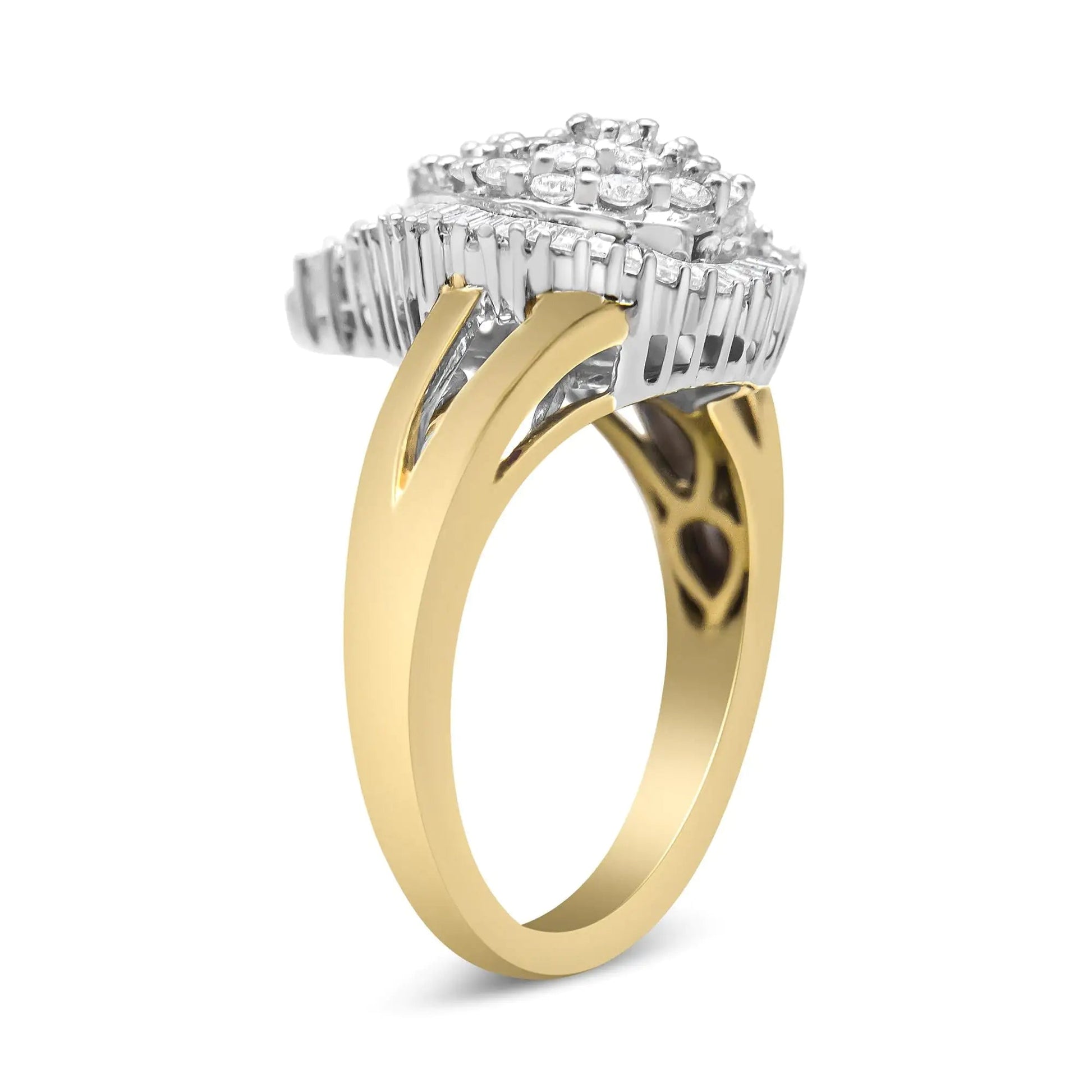 14K Yellow and White Gold 1.00 Cttw Round and Baguette - Cut Diamond Ballerina Cocktail Ring (H - I Color, SI2 - I1 Clarity) - Jaazi Intl