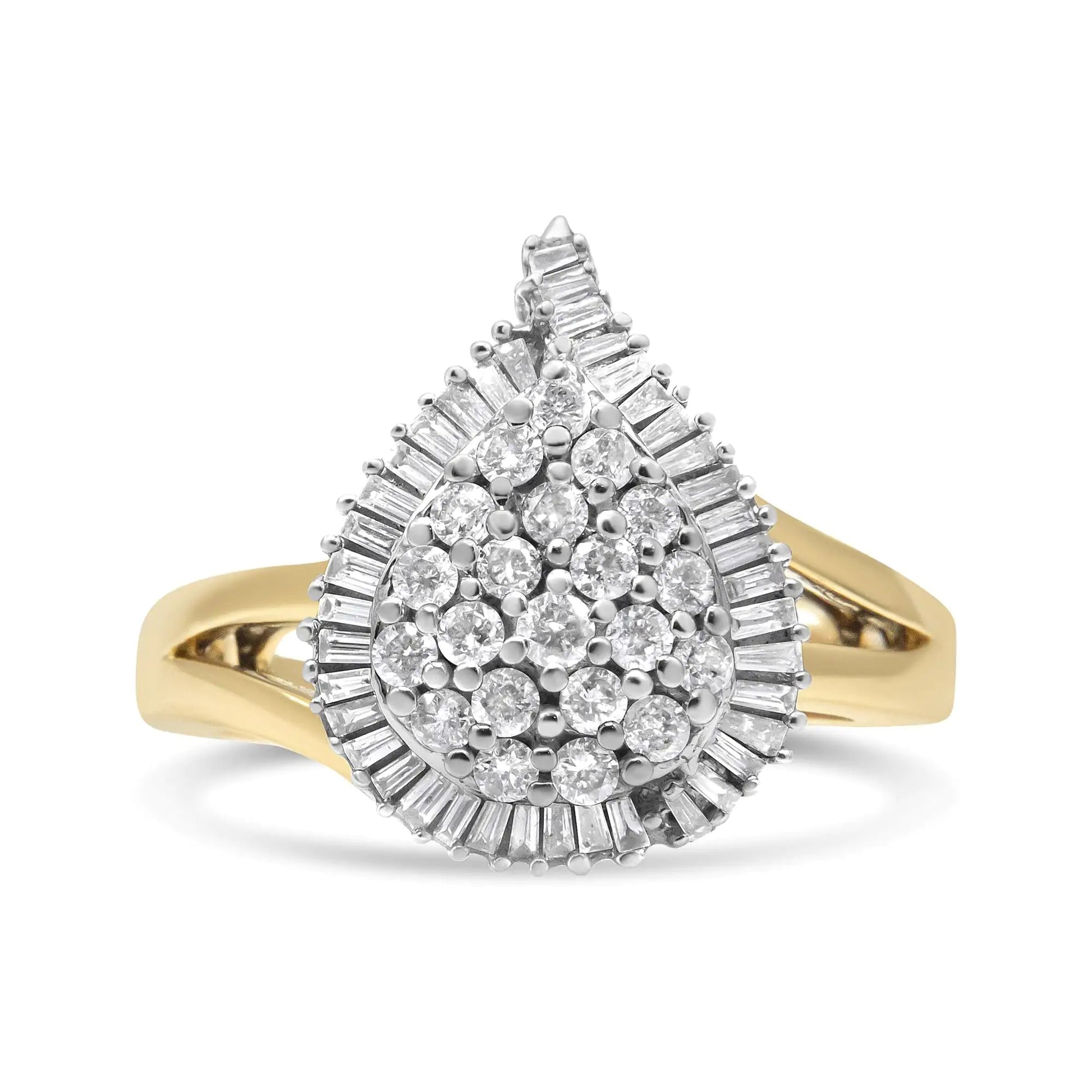 14K Yellow and White Gold 1.00 Cttw Round and Baguette - Cut Diamond Ballerina Cocktail Ring (H - I Color, SI2 - I1 Clarity) - Jaazi Intl