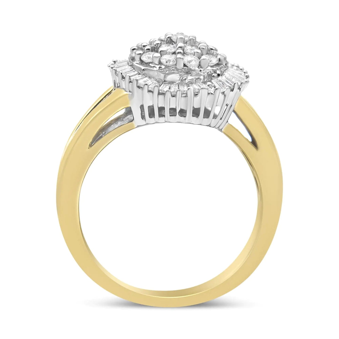 14K Yellow and White Gold 1.00 Cttw Round and Baguette - Cut Diamond Ballerina Cocktail Ring (H - I Color, SI2 - I1 Clarity) - Jaazi Intl