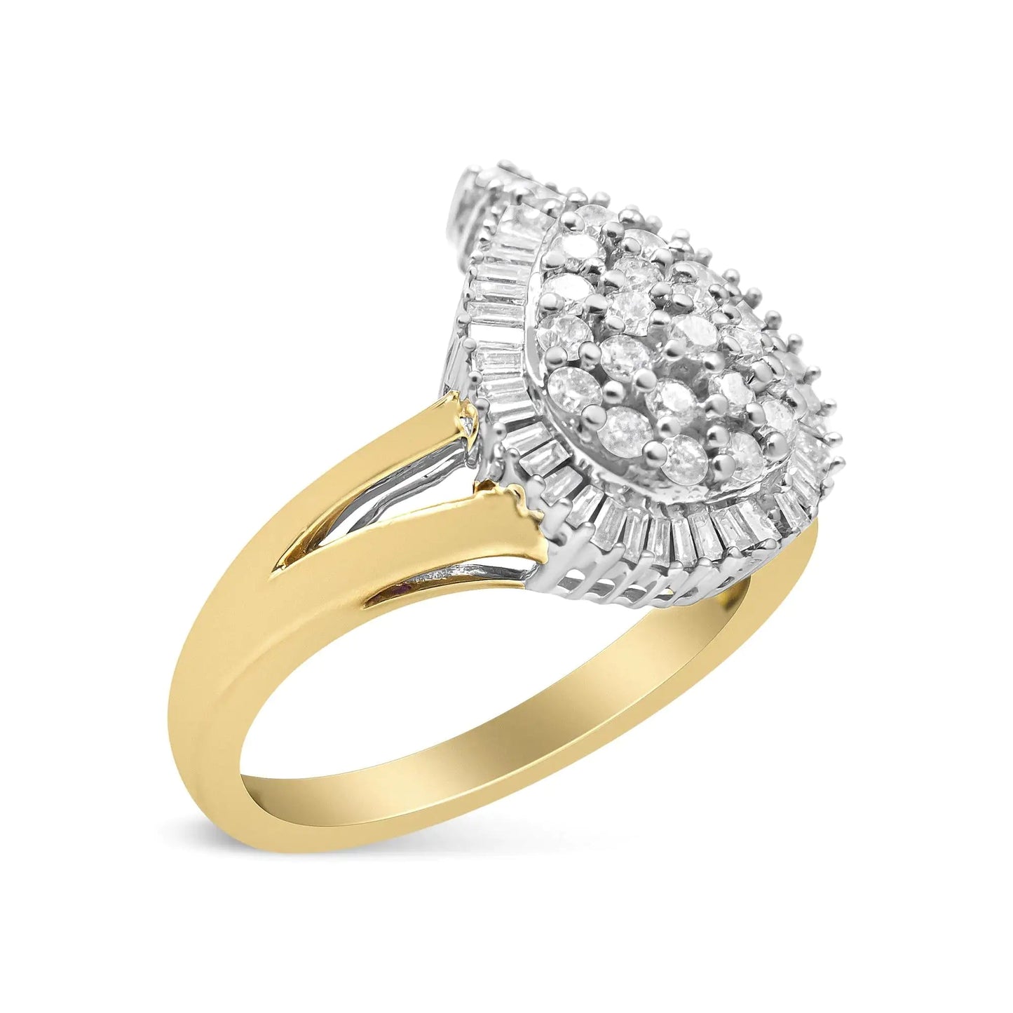 14K Yellow and White Gold 1.00 Cttw Round and Baguette - Cut Diamond Ballerina Cocktail Ring (H - I Color, SI2 - I1 Clarity) - Jaazi Intl