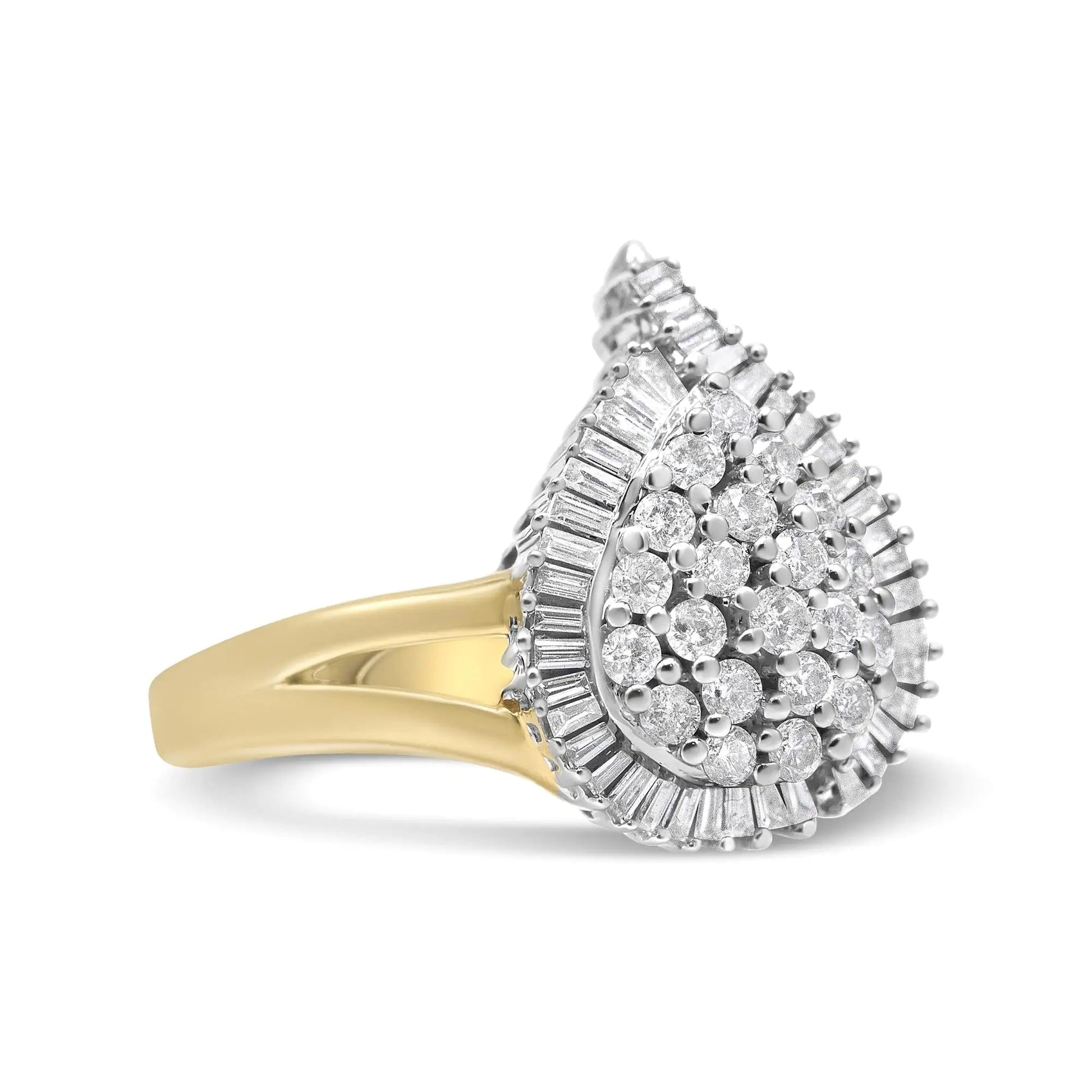 14K Yellow and White Gold 1.00 Cttw Round and Baguette - Cut Diamond Ballerina Cocktail Ring (H - I Color, SI2 - I1 Clarity) - Jaazi Intl