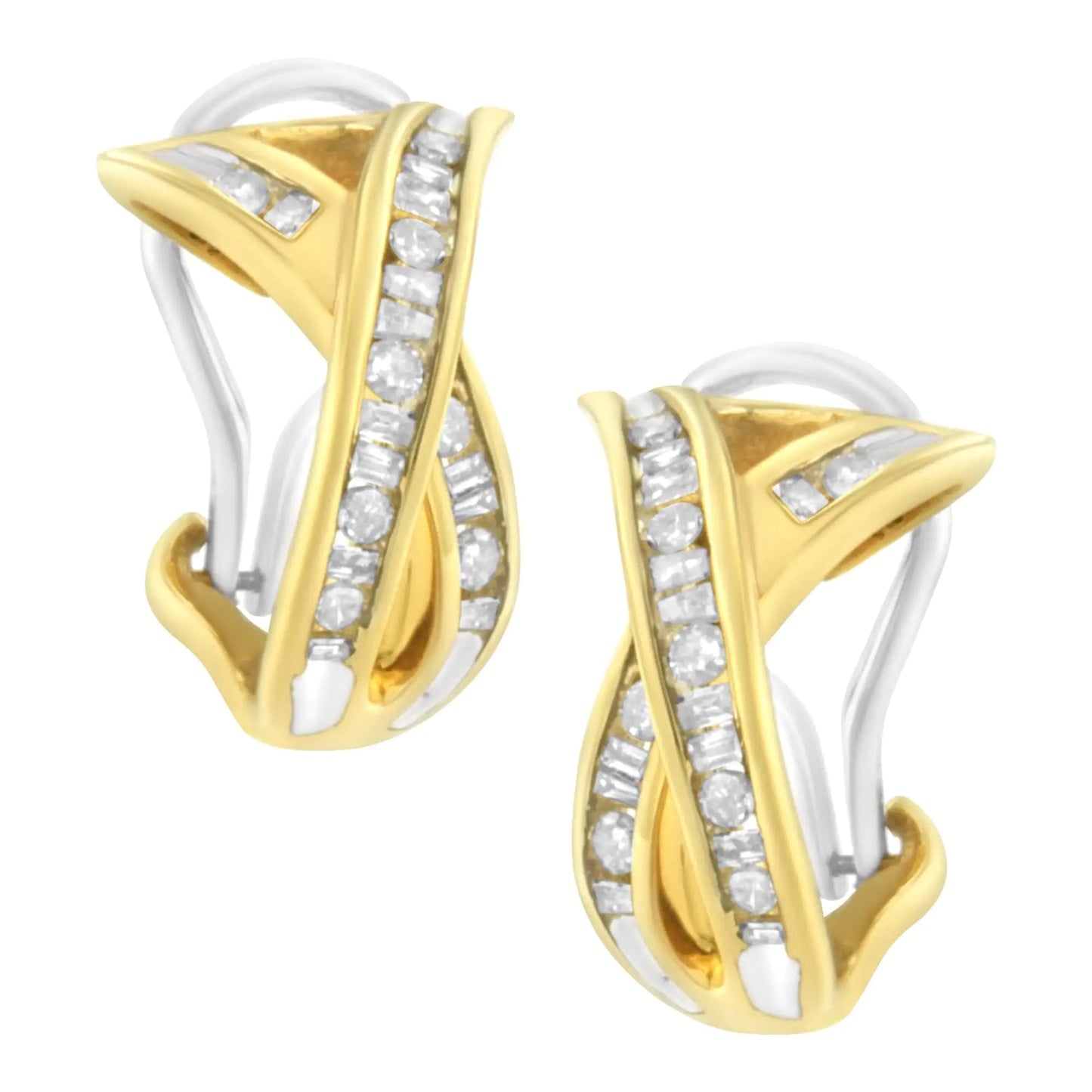 14K Yellow and White Gold 1/2 TDW "X" Shape Cross Over Diamond Hoop Earrings (I - J, I2 - I3) - Jaazi International