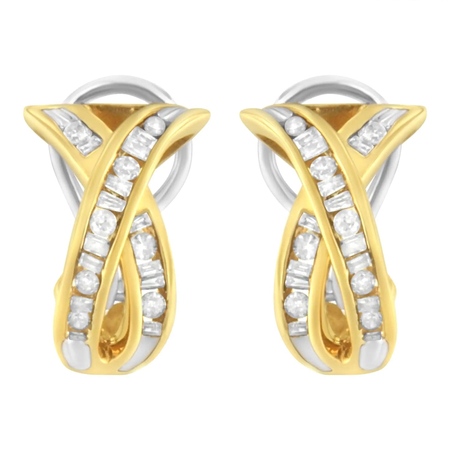 14K Yellow and White Gold 1/2 TDW "X" Shape Cross Over Diamond Hoop Earrings (I - J, I2 - I3) - Jaazi International