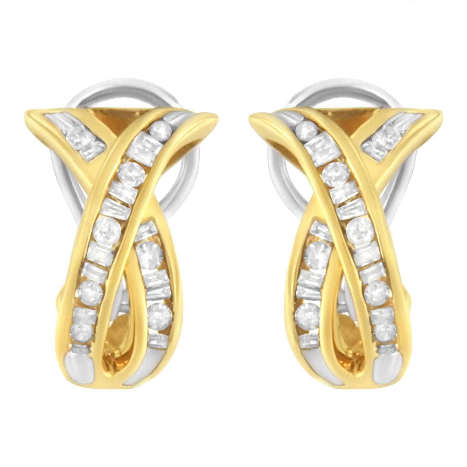 14K Yellow and White Gold 1/2 TDW "X" Shape Cross Over Diamond Hoop Earrings (I - J, I2 - I3) - Jaazi International