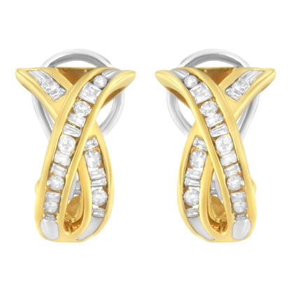 14K Yellow and White Gold 1/2 TDW "X" Shape Cross Over Diamond Hoop Earrings (I - J, I2 - I3) - Jaazi International