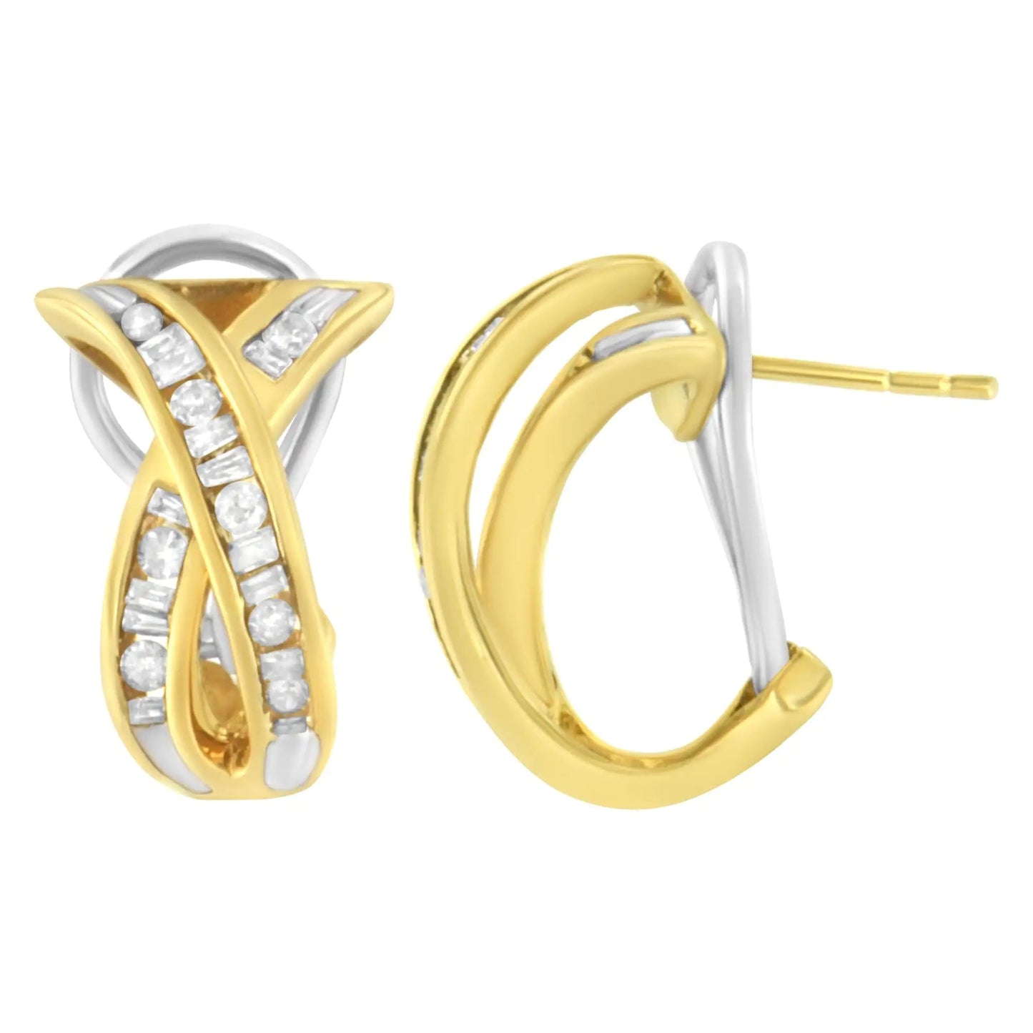 14K Yellow and White Gold 1/2 TDW "X" Shape Cross Over Diamond Hoop Earrings (I - J, I2 - I3) - Jaazi International