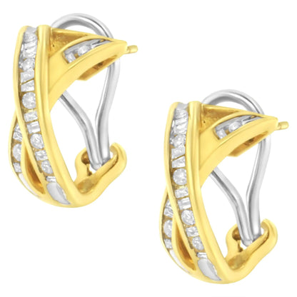 14K Yellow and White Gold 1/2 TDW "X" Shape Cross Over Diamond Hoop Earrings (I - J, I2 - I3) - Jaazi International