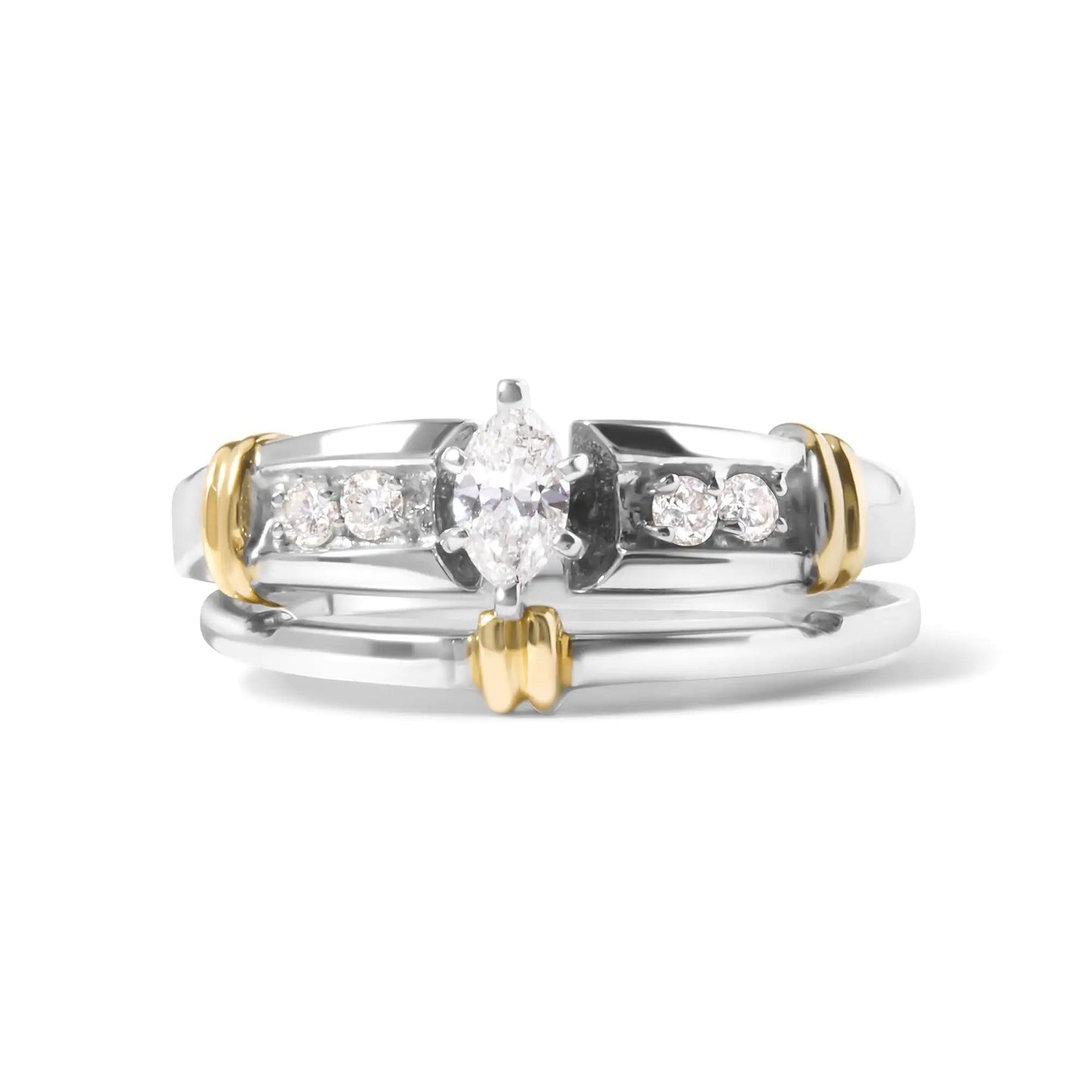 14K Yellow and White Gold 1/3 Cttw Marquise Diamond Cocktail Engagement Ring Set (H - I Color, SI1 - SI2 Clarity) - Jaazi Intl