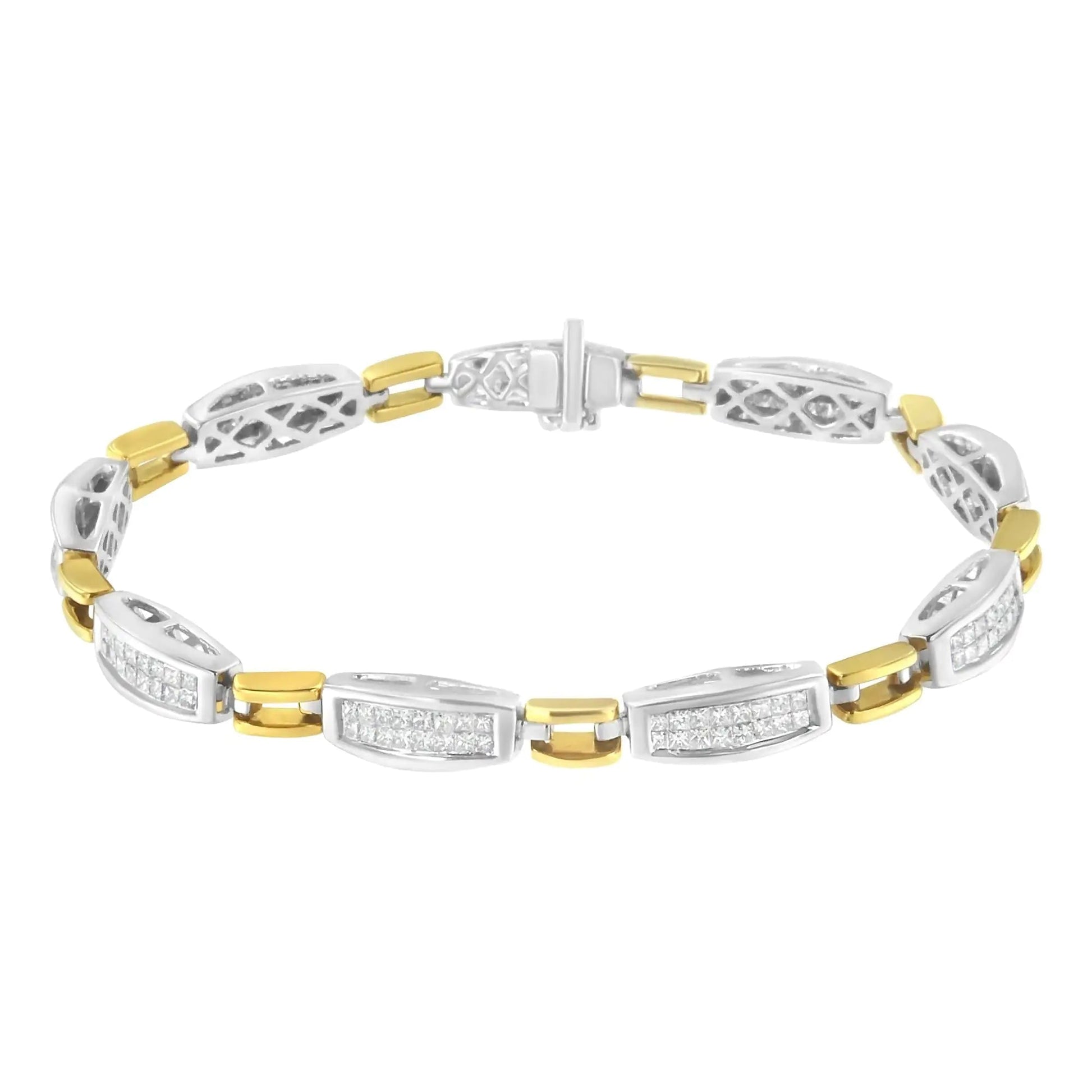 14K Yellow and White Gold 2.0 Cttw Princess Cut Diamond Tapered and Equal Sign Link Bracelet (G - H Color, SI1 - SI2 Clarity) - 7" - Jaazi Intl