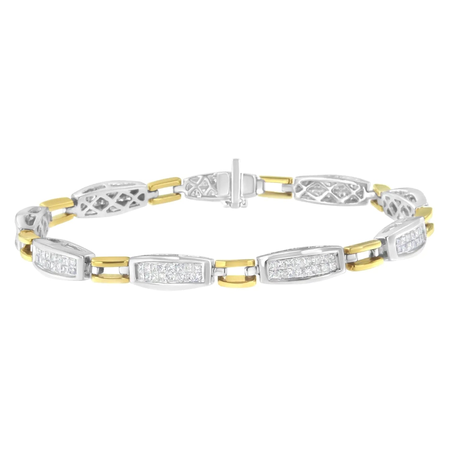 14K Yellow and White Gold 2.0 Cttw Princess Cut Diamond Tapered and Equal Sign Link Bracelet (G - H Color, SI1 - SI2 Clarity) - 7" - Jaazi Intl