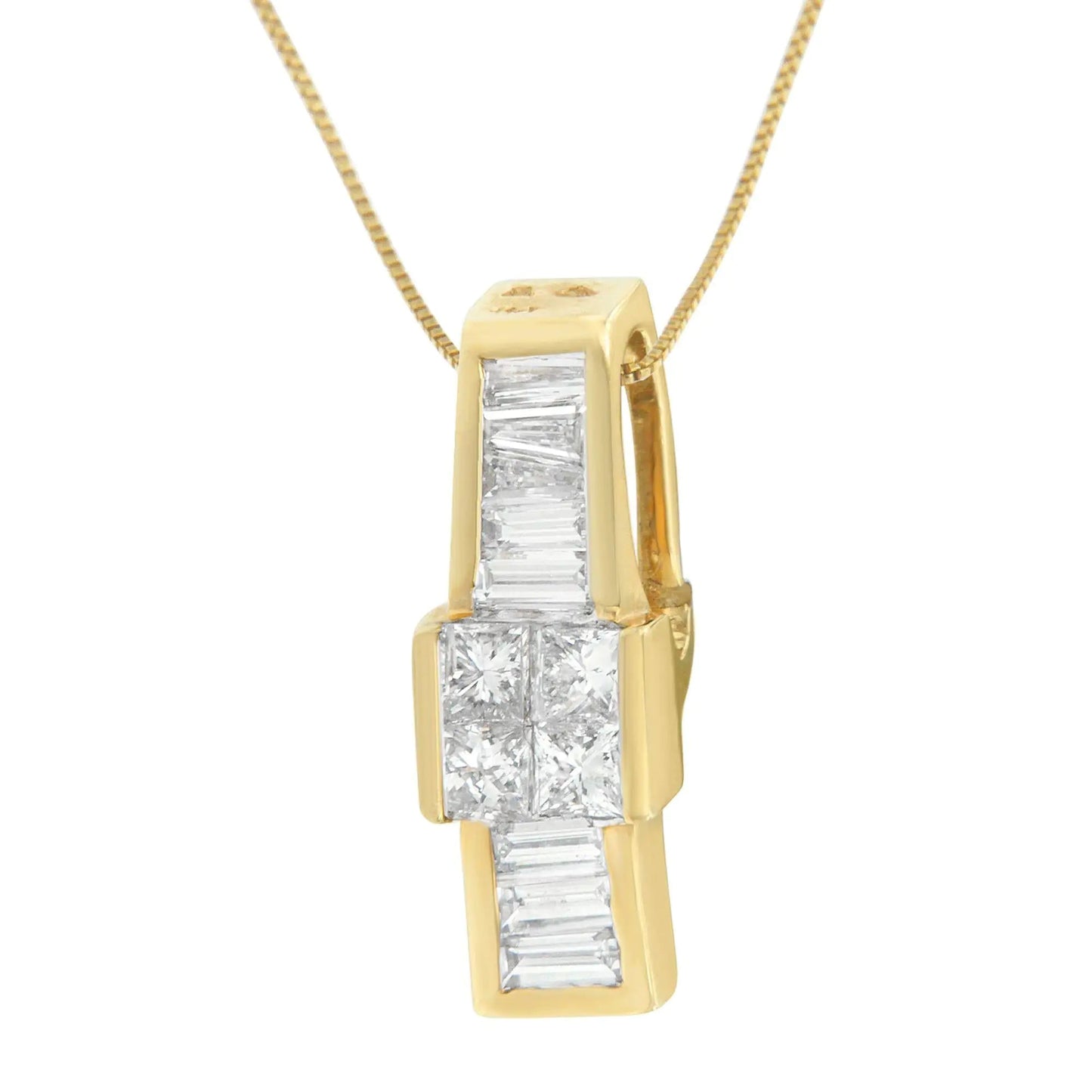 14K Yellow Gold 1 1/10 cttw Baguette and Princess Cut Overlapping Diamond Drop Pendant Necklace (H - I, SI1 - SI2) - Jaazi Intl