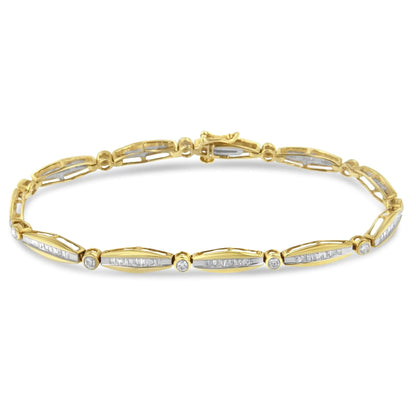 14K Yellow Gold 1 - 1/2 Cttw Round Brilliant - Cut & Baguette Cut Diamond Bezel and Tapered Link 7" Tennis Bracelet (H - I Color, I1 - I2 Clarity) - Jaazi Intl