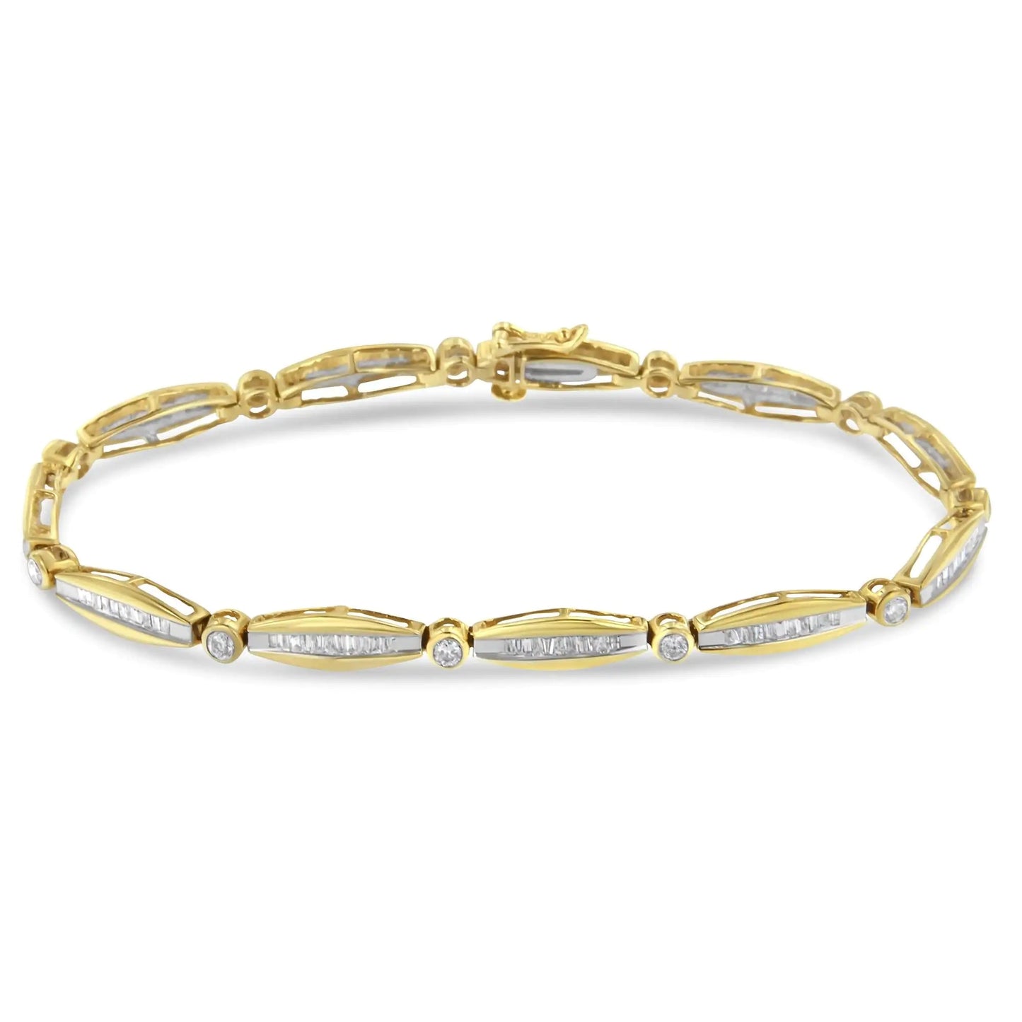 14K Yellow Gold 1 - 1/2 Cttw Round Brilliant - Cut & Baguette Cut Diamond Bezel and Tapered Link 7" Tennis Bracelet (H - I Color, I1 - I2 Clarity) - Jaazi Intl