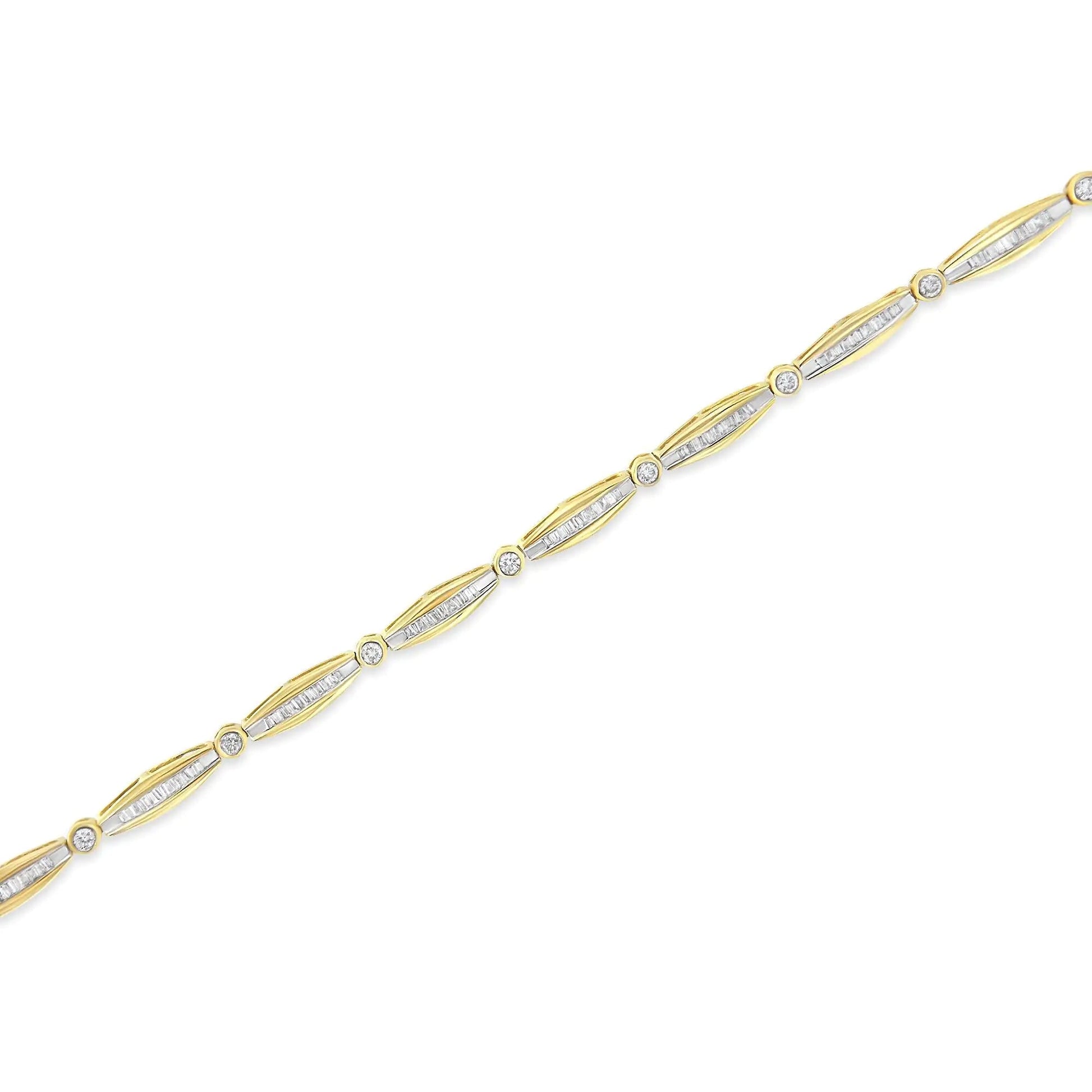 14K Yellow Gold 1 - 1/2 Cttw Round Brilliant - Cut & Baguette Cut Diamond Bezel and Tapered Link 7" Tennis Bracelet (H - I Color, I1 - I2 Clarity) - Jaazi Intl