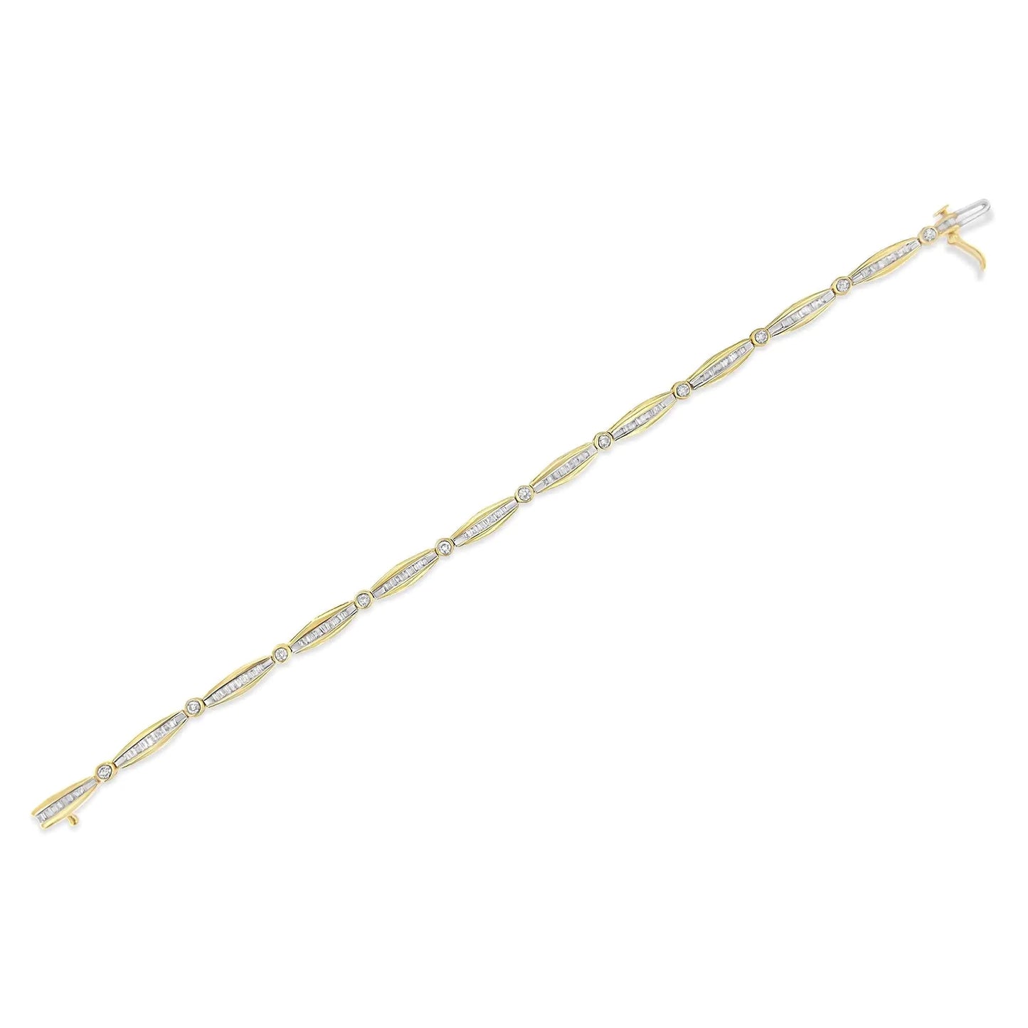 14K Yellow Gold 1 - 1/2 Cttw Round Brilliant - Cut & Baguette Cut Diamond Bezel and Tapered Link 7" Tennis Bracelet (H - I Color, I1 - I2 Clarity) - Jaazi Intl