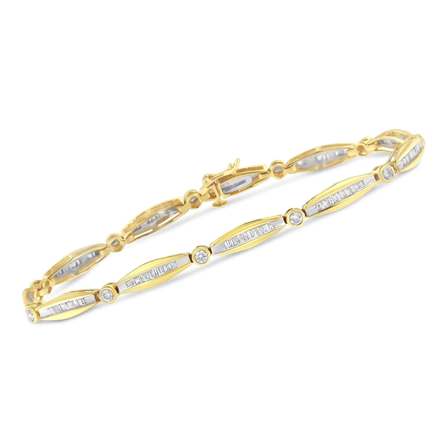 14K Yellow Gold 1 - 1/2 Cttw Round Brilliant - Cut & Baguette Cut Diamond Bezel and Tapered Link 7" Tennis Bracelet (H - I Color, I1 - I2 Clarity) - Jaazi Intl