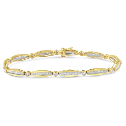 14K Yellow Gold 1 - 1/2 Cttw Round Brilliant - Cut & Baguette Cut Diamond Bezel and Tapered Link 7" Tennis Bracelet (H - I Color, I1 - I2 Clarity) - Jaazi Intl