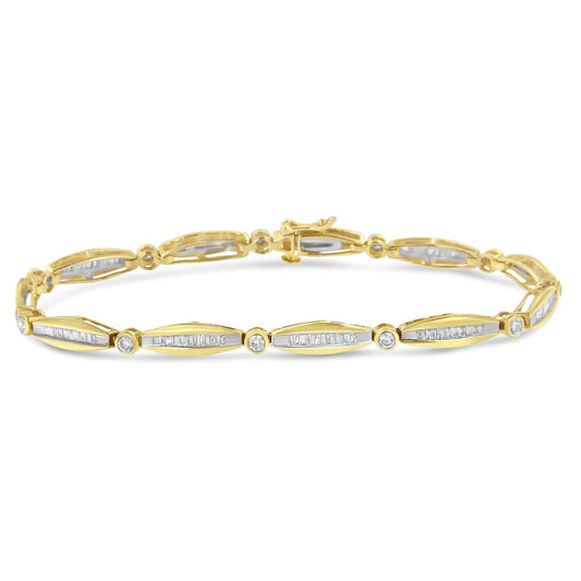 14K Yellow Gold 1 - 1/2 Cttw Round Brilliant - Cut & Baguette Cut Diamond Bezel and Tapered Link 7" Tennis Bracelet (H - I Color, I1 - I2 Clarity) - Jaazi Intl