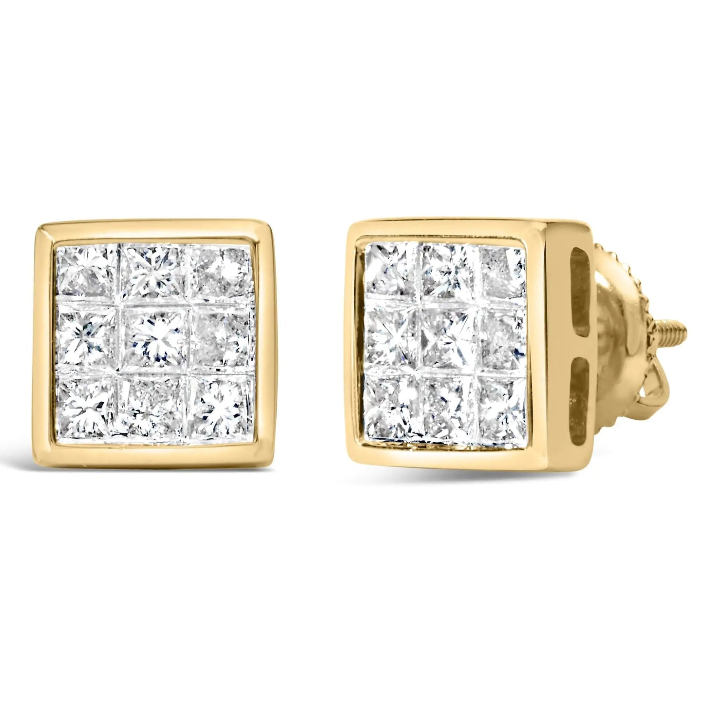 14K Yellow Gold 1.0 Cttw Princess Cut Diamond Composite Stud Earrings with Screw Backs (J - K Color, SI1 - SI2 Clarity) - Jaazi Intl