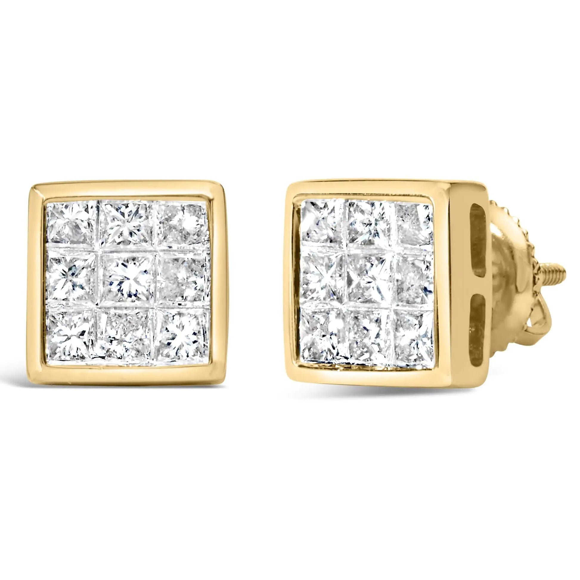 14K Yellow Gold 1.0 Cttw Princess Cut Diamond Composite Stud Earrings with Screw Backs (J - K Color, SI1 - SI2 Clarity) - Jaazi Intl