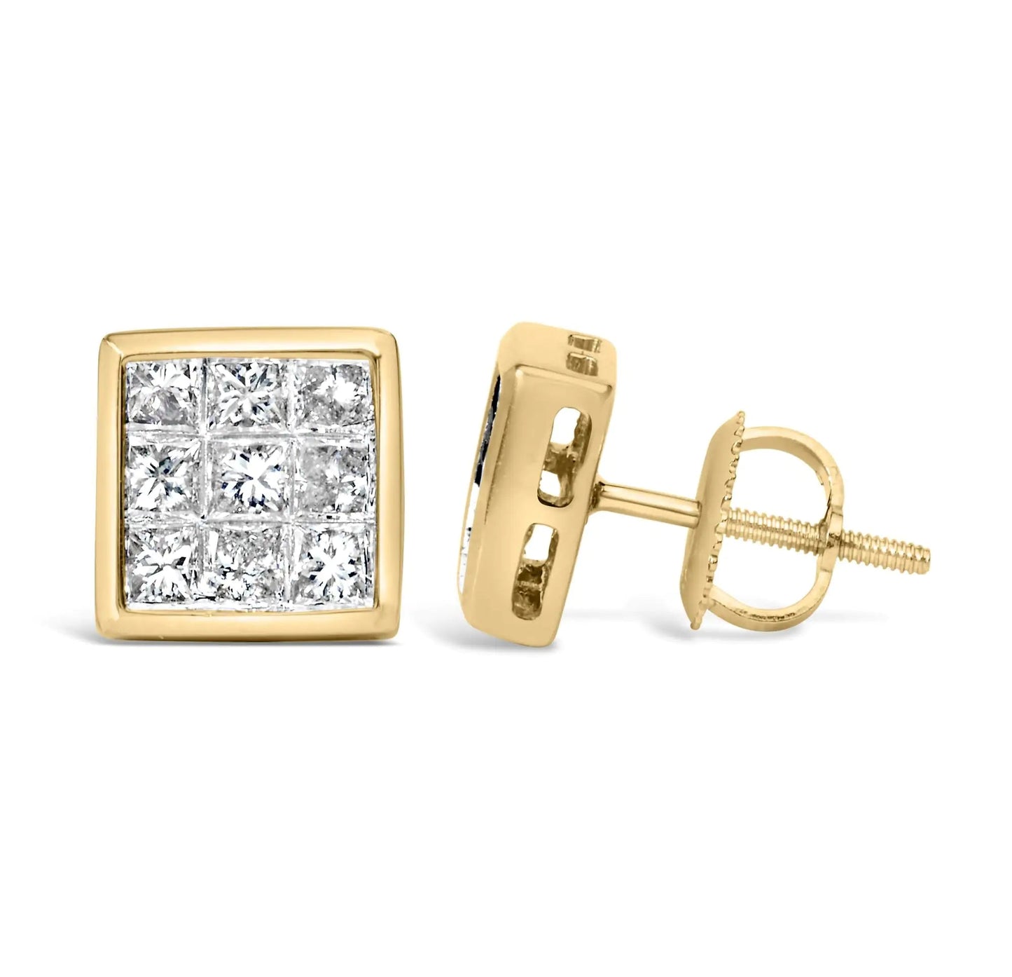 14K Yellow Gold 1.0 Cttw Princess Cut Diamond Composite Stud Earrings with Screw Backs (J - K Color, SI1 - SI2 Clarity) - Jaazi Intl