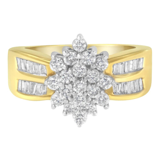 14K Yellow Gold 1.0 Cttw Round & Baguette Cut Diamond Floral Cluster Double - Channel Flared Band Cocktail Statement Ring (H - I Color, SI2 - I1 Clarity) - Jaazi Intl