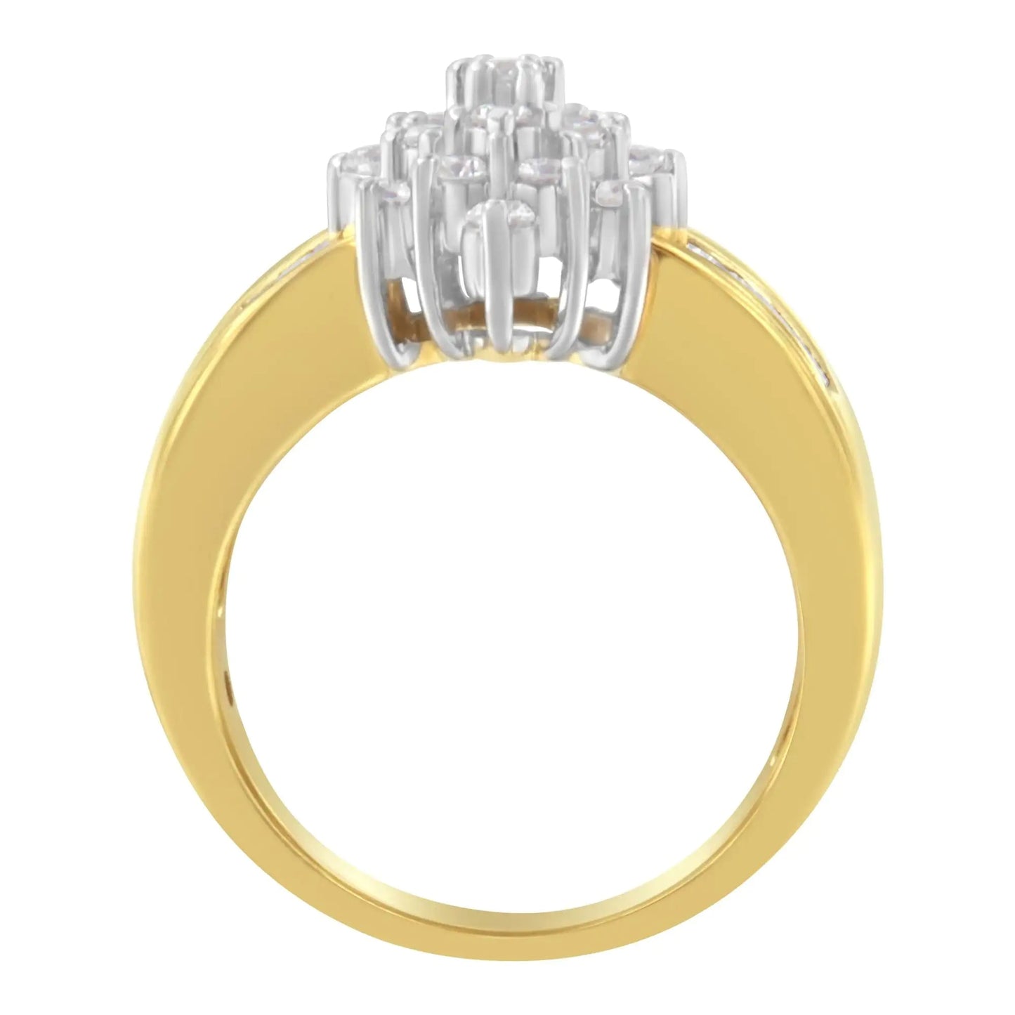 14K Yellow Gold 1.0 Cttw Round & Baguette Cut Diamond Floral Cluster Double - Channel Flared Band Cocktail Statement Ring (H - I Color, SI2 - I1 Clarity) - Jaazi Intl