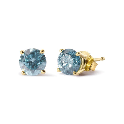 14K Yellow Gold 1.0 Cttw Treated Aqua Blue Diamond Classic Solitaire Stud Earrings (Aqua Blue Color, I2 - I3 Clarity) - Jaazi Intl