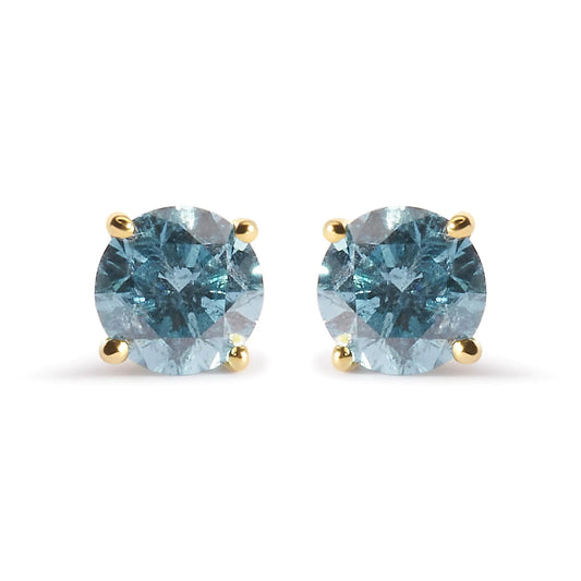 14K Yellow Gold 1.0 Cttw Treated Aqua Blue Diamond Classic Solitaire Stud Earrings (Aqua Blue Color, I2 - I3 Clarity) - Jaazi Intl