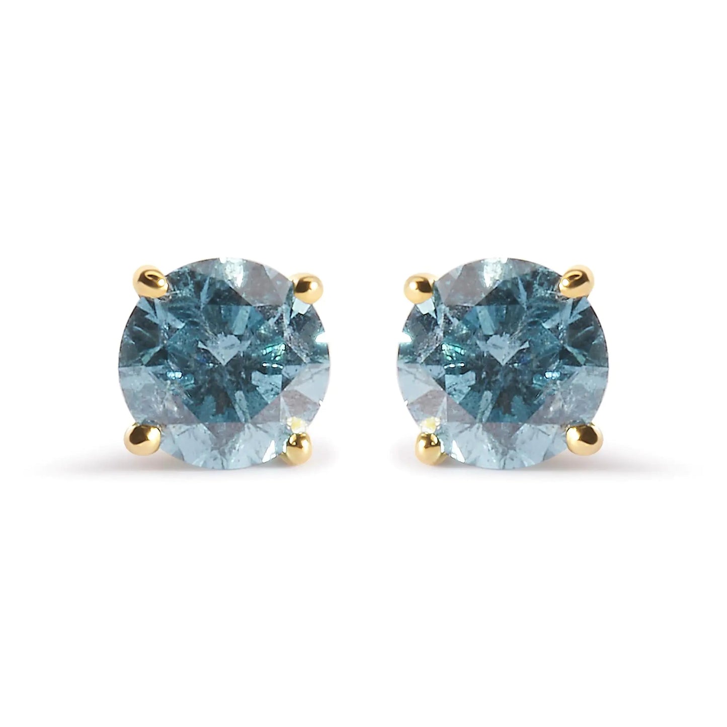 14K Yellow Gold 1.0 Cttw Treated Aqua Blue Diamond Classic Solitaire Stud Earrings (Aqua Blue Color, I2 - I3 Clarity) - Jaazi Intl