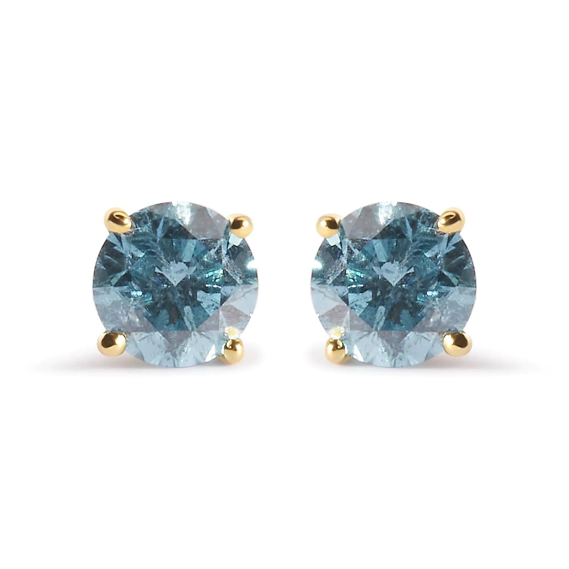 14K Yellow Gold 1.0 Cttw Treated Aqua Blue Diamond Classic Solitaire Stud Earrings (Aqua Blue Color, I2 - I3 Clarity) - Jaazi Intl