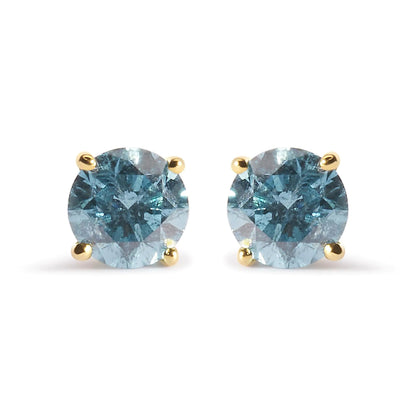 14K Yellow Gold 1.0 Cttw Treated Aqua Blue Diamond Classic Solitaire Stud Earrings (Aqua Blue Color, I2 - I3 Clarity) - Jaazi Intl