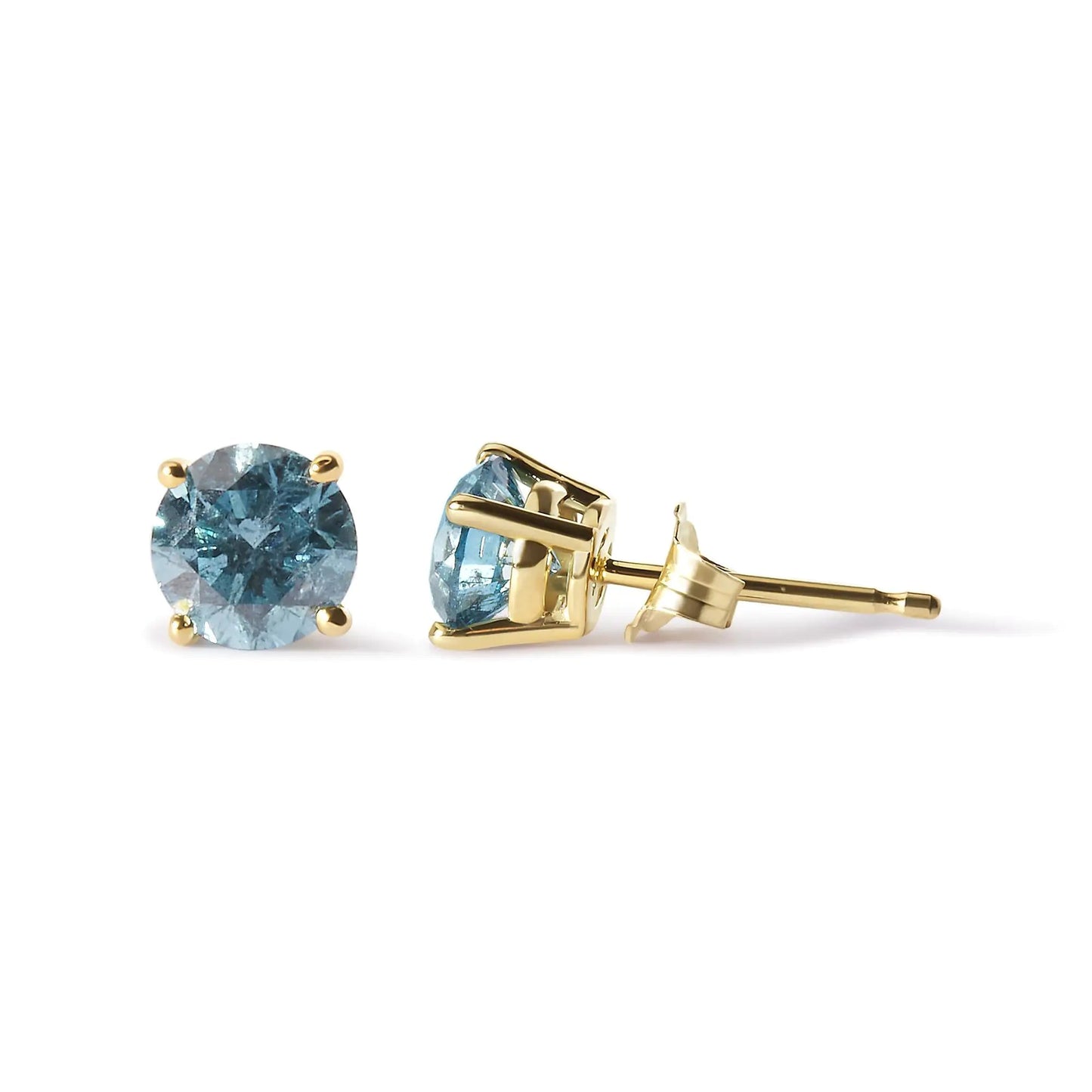 14K Yellow Gold 1.0 Cttw Treated Aqua Blue Diamond Classic Solitaire Stud Earrings (Aqua Blue Color, I2 - I3 Clarity) - Jaazi Intl