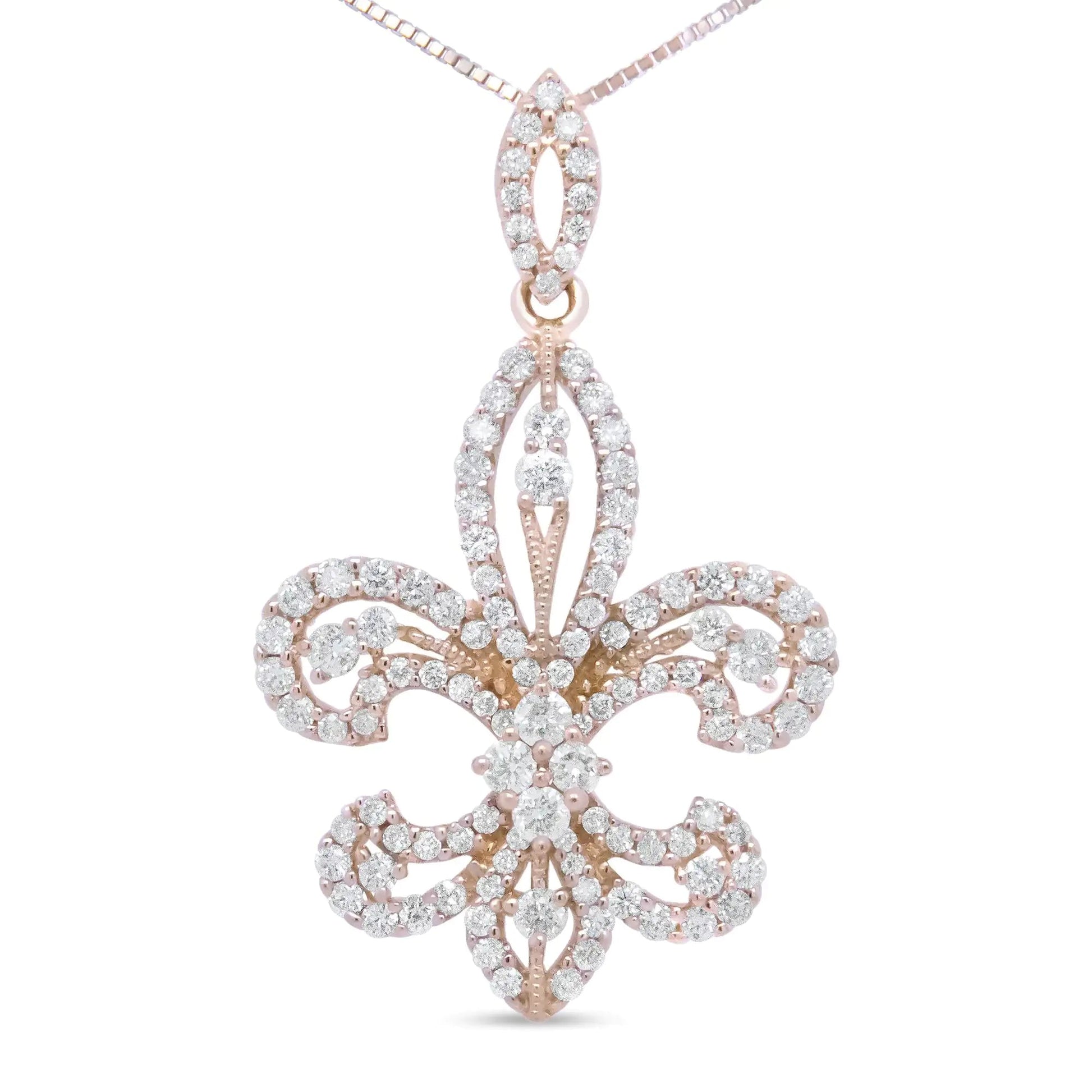 14K Yellow Gold 1.00 Cttw Round Diamond Fleur De Lis 18" Pendant Necklace (H - I Color, SI2 - I1 Clarity) - Jaazi Intl