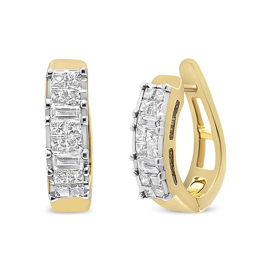 14K Yellow Gold 1/2 Cttw Princess & Baguette - Cut Diamond Invisible - Set U - Hoop Earrings (H - I Color, SI2 - I1 Clarity) - Jaazi Intl