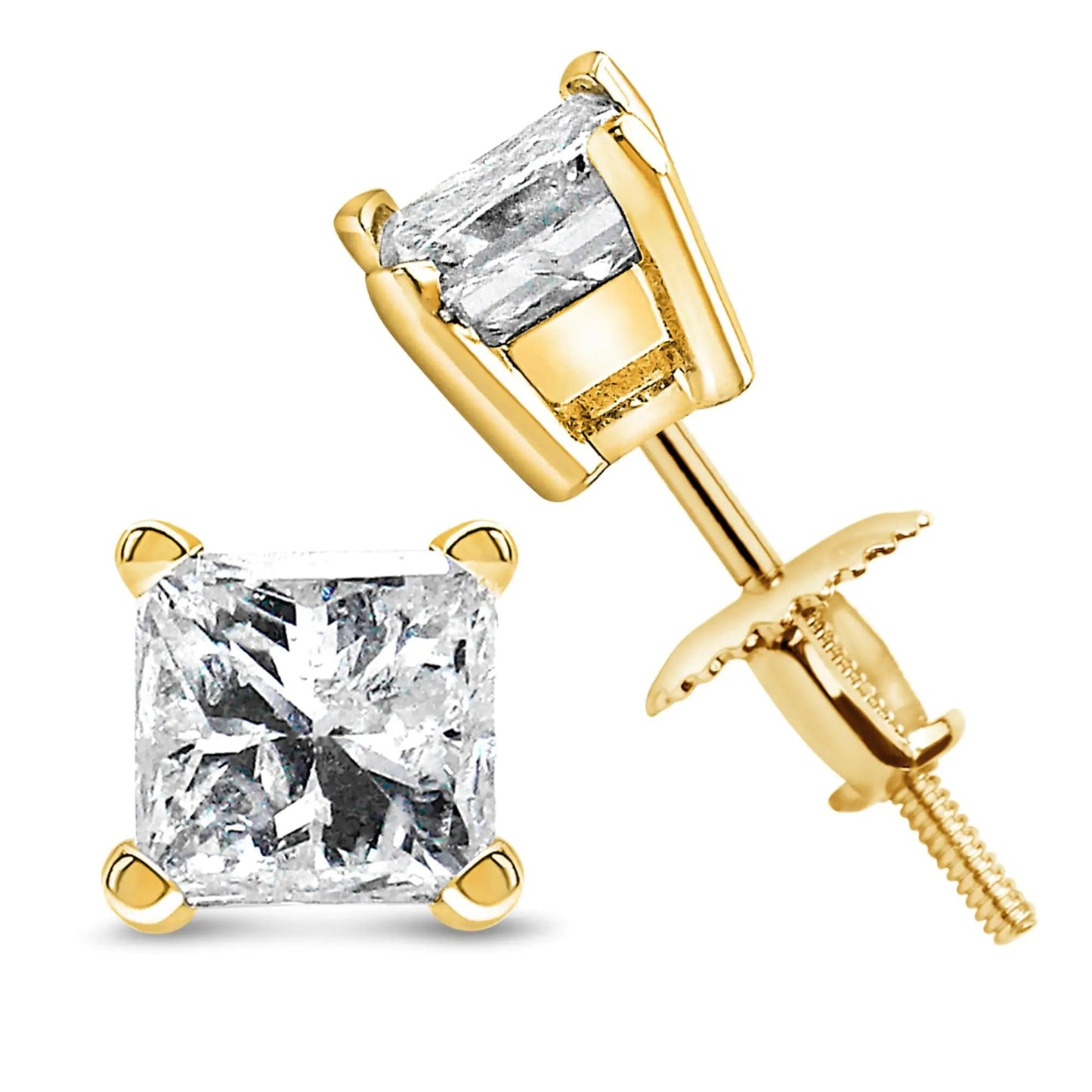 14K Yellow Gold 1/2 Cttw Princess Cut Diamond Solitaire Stud Earrings with Screwbacks (I - J Color, SI2 - I1 Clarity) - Jaazi Intl