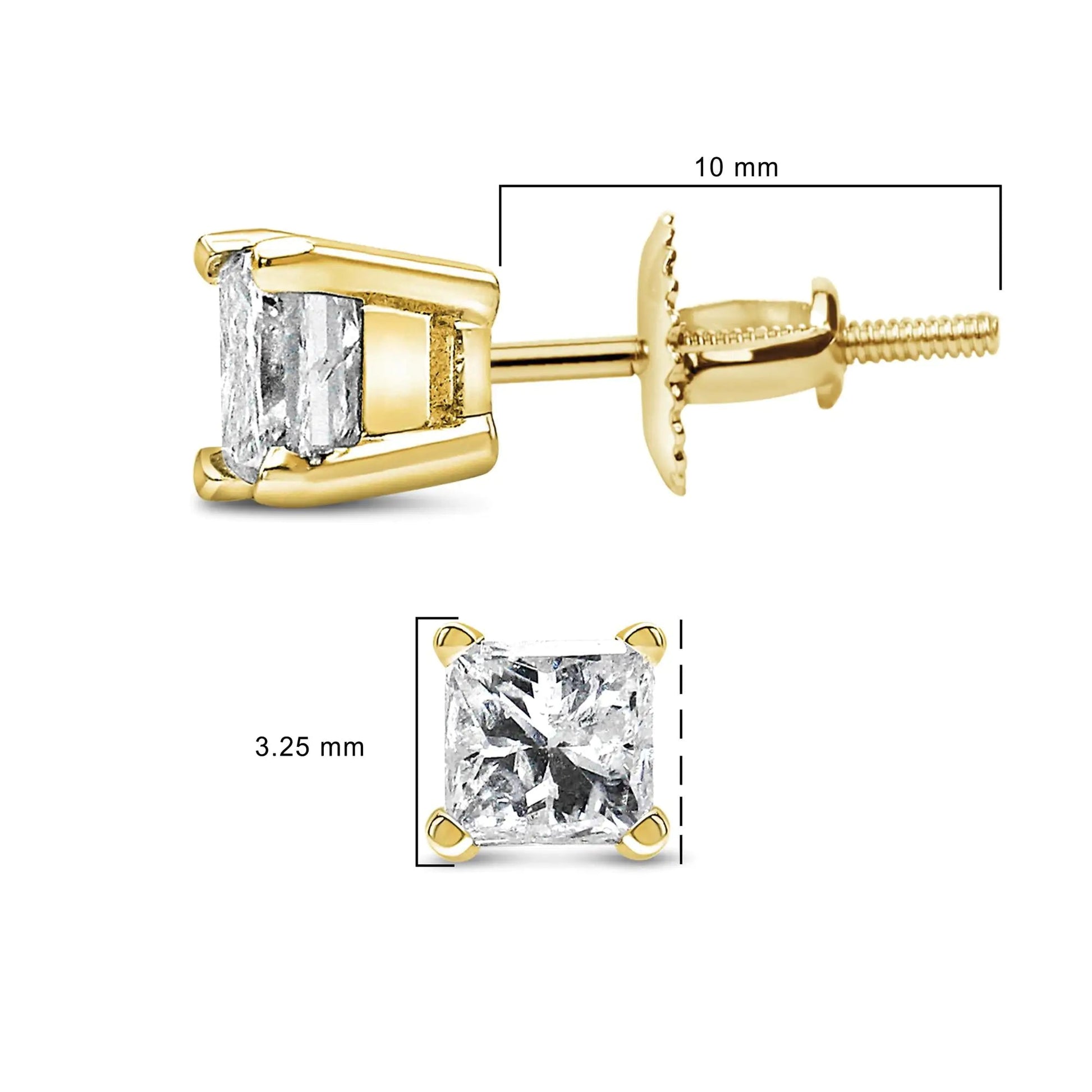 14K Yellow Gold 1/2 Cttw Princess Cut Diamond Solitaire Stud Earrings with Screwbacks (I - J Color, SI2 - I1 Clarity) - Jaazi Intl