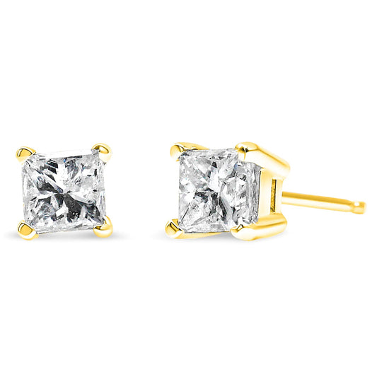 14K Yellow Gold 1/2 Cttw Princess - Cut Square Near Colorless Diamond Classic 4 - Prong Solitaire Stud Earrings (J - K Color, I1 - I2 Clarity) - Jaazi Intl