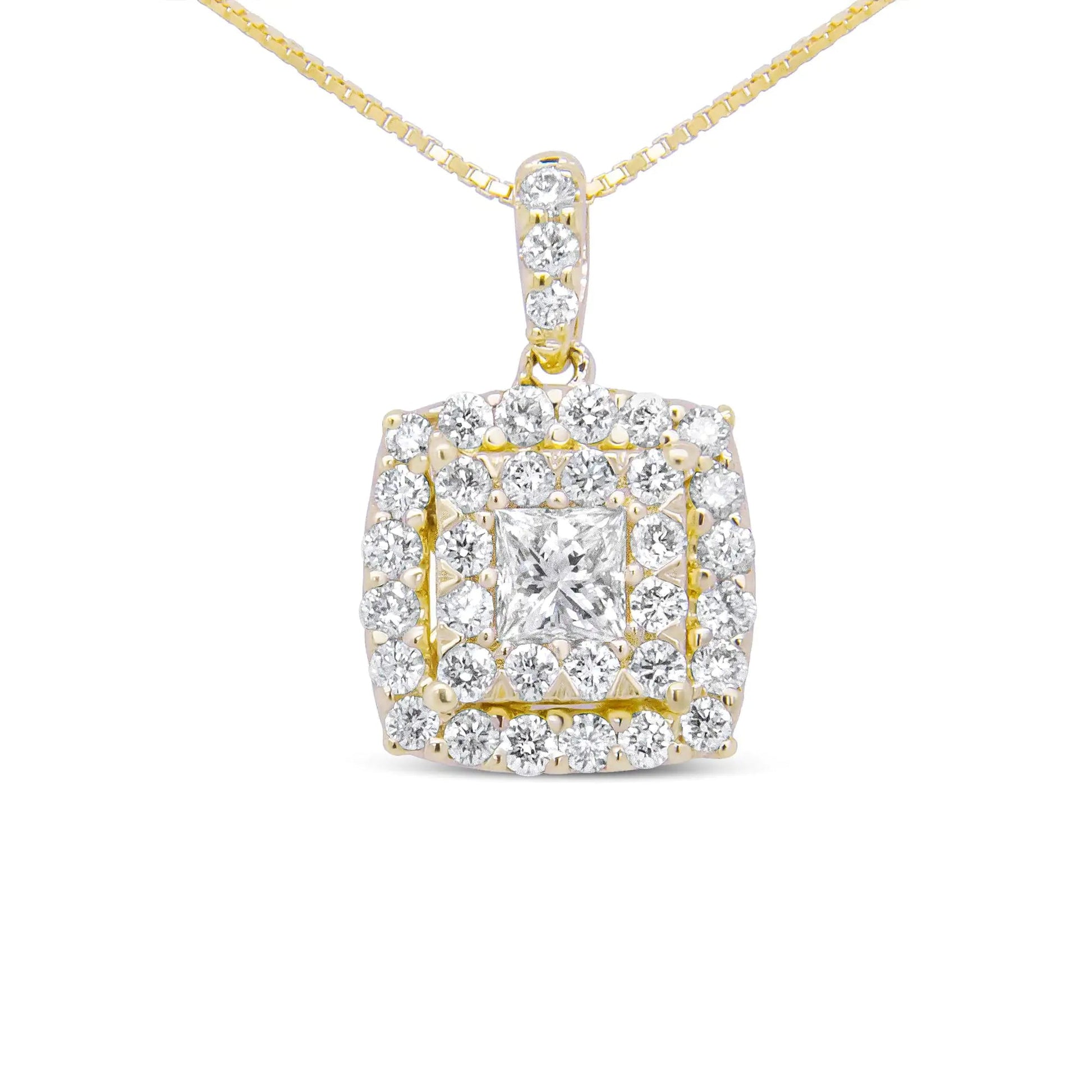 14K Yellow Gold 1/2 Cttw Round and Princess - Cut Diamond Double Halo 18" Pendant Necklace (H - I Color, SI2 - I1 Clarity) - Jaazi Intl