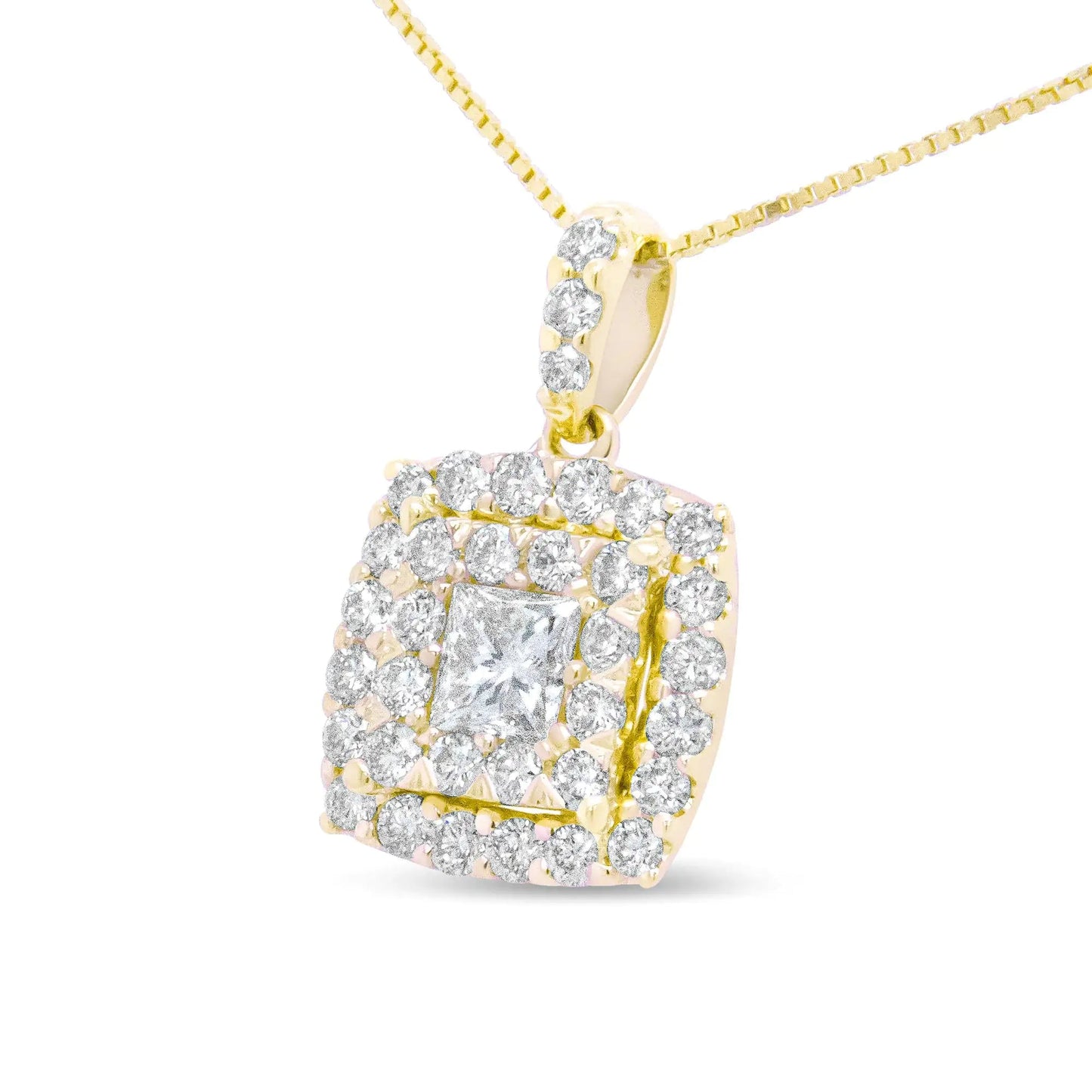 14K Yellow Gold 1/2 Cttw Round and Princess - Cut Diamond Double Halo 18" Pendant Necklace (H - I Color, SI2 - I1 Clarity) - Jaazi Intl