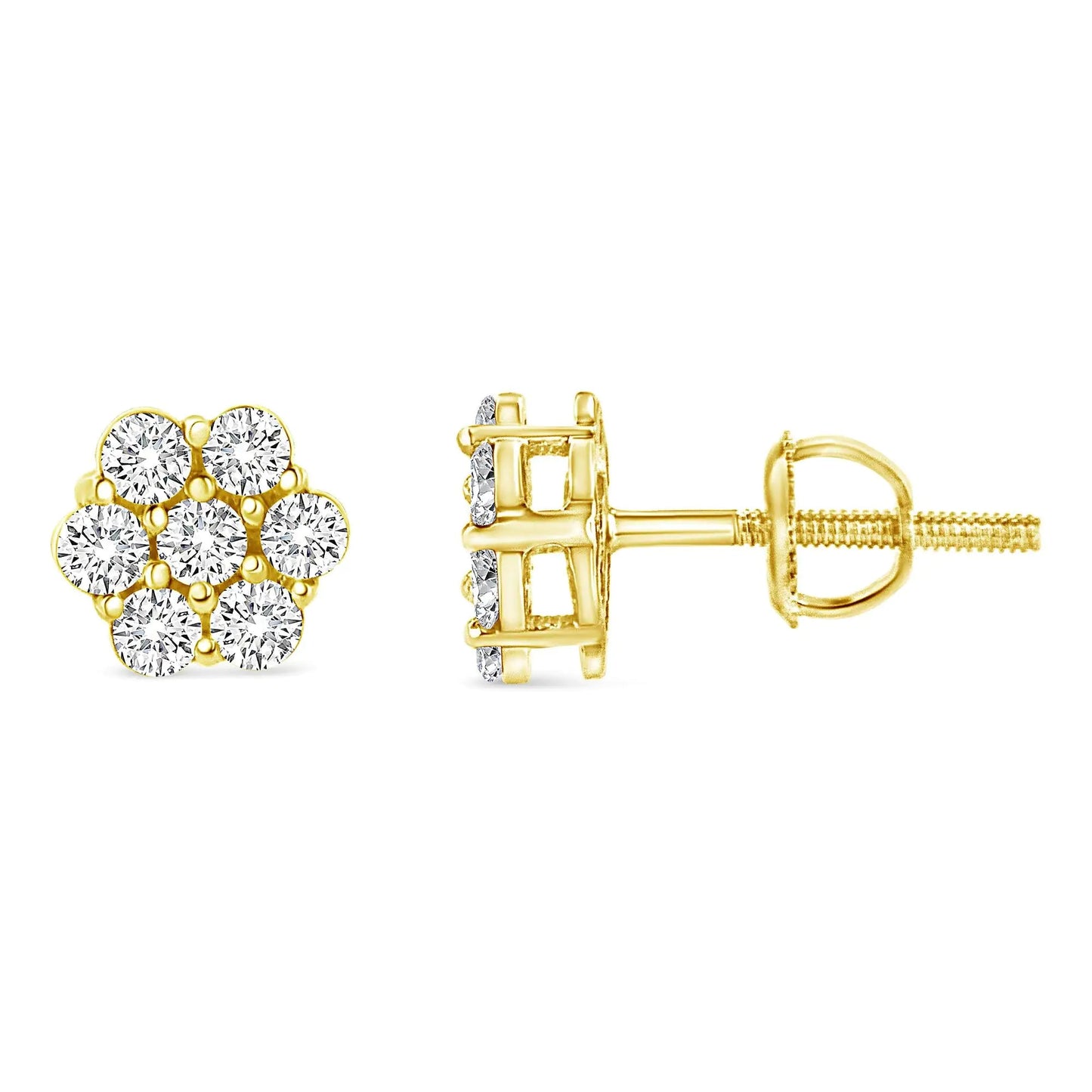 14K Yellow Gold 1/2 Cttw Round Brilliant Cut Diamond Floral Cluster Screwback Stud Earrings (I - J Color, SI2 - I1 Clarity) - Jaazi Intl