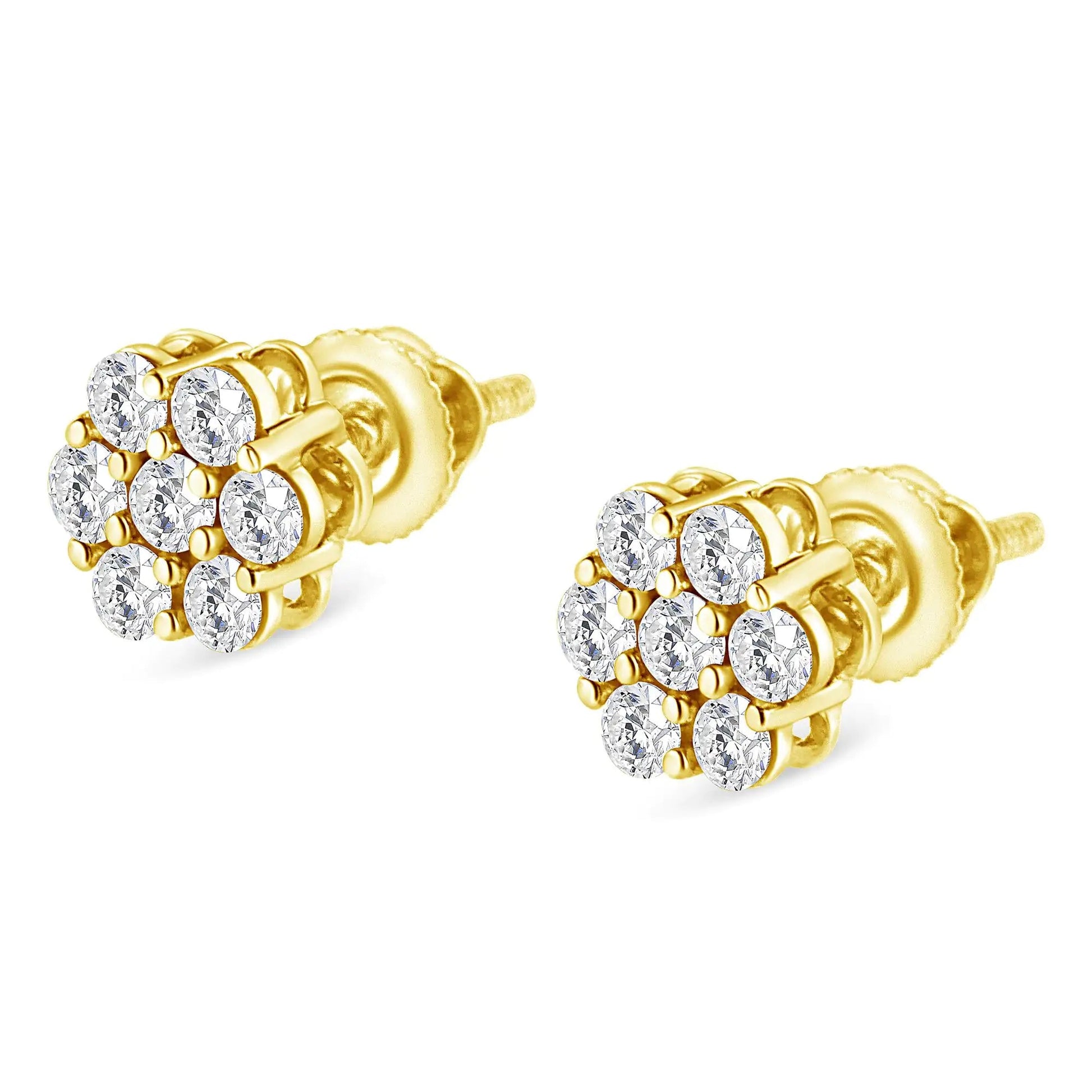 14K Yellow Gold 1/2 Cttw Round Brilliant Cut Diamond Floral Cluster Screwback Stud Earrings (I - J Color, SI2 - I1 Clarity) - Jaazi Intl