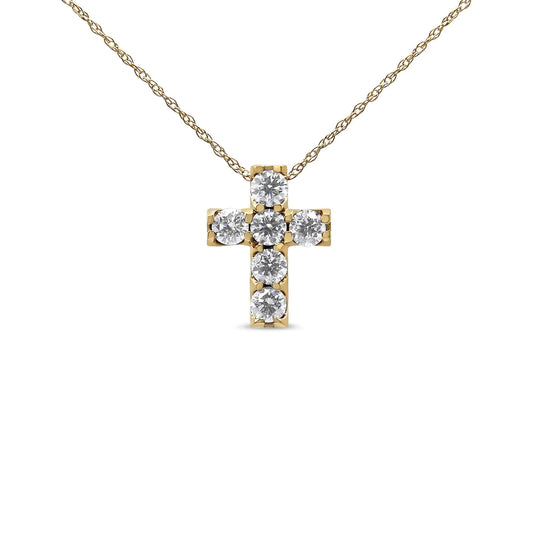 14K Yellow Gold 1/2 Cttw Round Brilliant Cut Diamond Mini Cross 18" Pendant Necklace (J - K Color, VS2 - SI1 Clarity) - Jaazi International