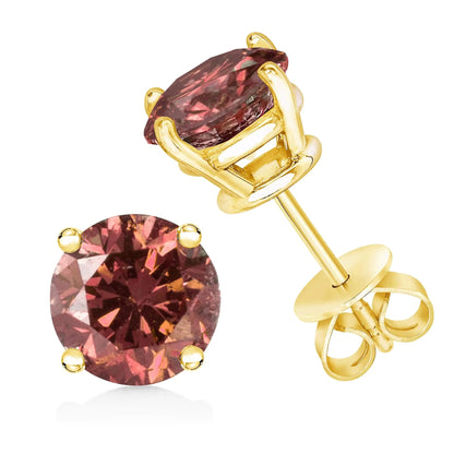 14K Yellow Gold 1/2 Cttw Round Brilliant Cut Lab Grown Pink Diamond 4 - Prong Classic Solitaire Earrings (Pink Color, VVS2 - VS1 Clarity) - Jaazi Intl