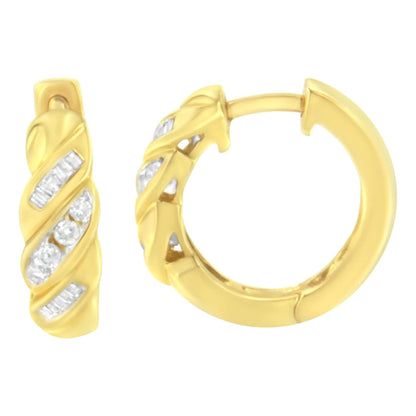 14K Yellow Gold 1/4 ct TDW Alternating 3 Row Baguette & Round Brilliant - Cut Diamond Huggy Hoop Earrings (H - I, I2 - I3) - Jaazi Intl