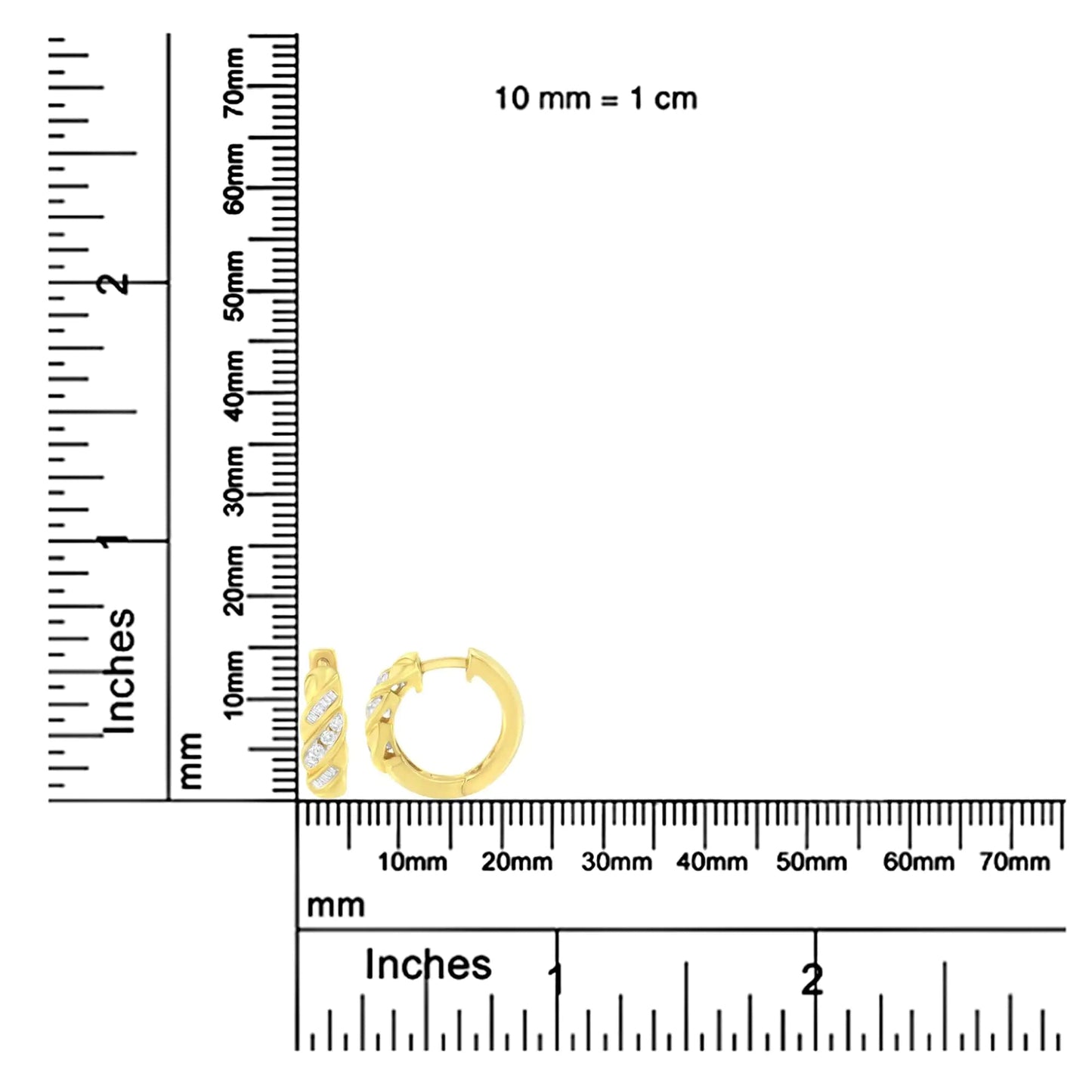 14K Yellow Gold 1/4 ct TDW Alternating 3 Row Baguette & Round Brilliant - Cut Diamond Huggy Hoop Earrings (H - I, I2 - I3) - Jaazi Intl