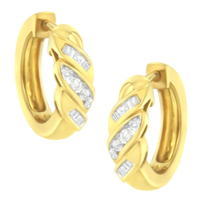 14K Yellow Gold 1/4 ct TDW Alternating 3 Row Baguette & Round Brilliant - Cut Diamond Huggy Hoop Earrings (H - I, I2 - I3) - Jaazi Intl