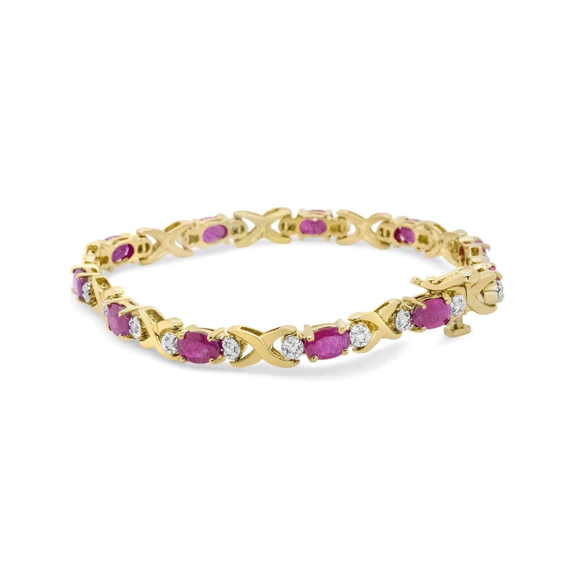 14K Yellow Gold 1/4 Cttw Diamond and Oval Red Ruby Alternating X Link Bracelet (I - J Color, I3 Clarity) - Jaazi Intl